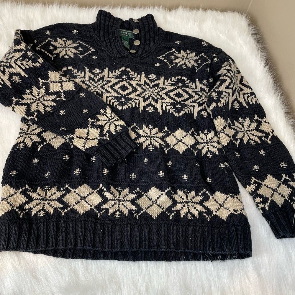 Lauren Ralph Lauren Vintage Navy and Cream Snowflake Sweater Linen Cotton